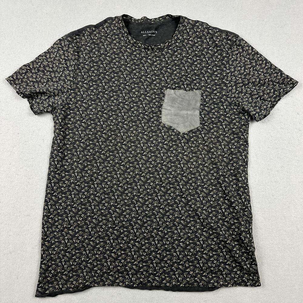 AllSaints Shirt Men Small Black Floral Graphic Suede Pocket Infinate Crew Tee S